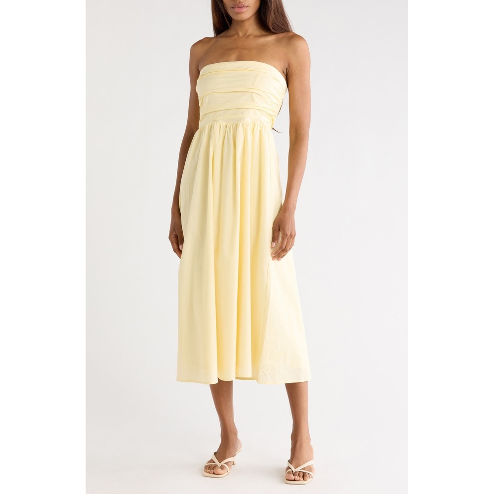 WAYF Strapless Ruched Smocked Midi Dress Butter Yellow 92995NRCH-G1